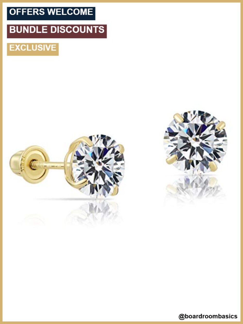 10k Yellow Gold Solitaire Round CZ Stud Earrings Screw Backs